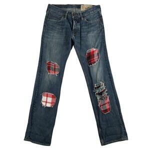 Vintage Hollister Huntington Jeans Mens 30x30 Blue Plaid Patchwork Button Fly